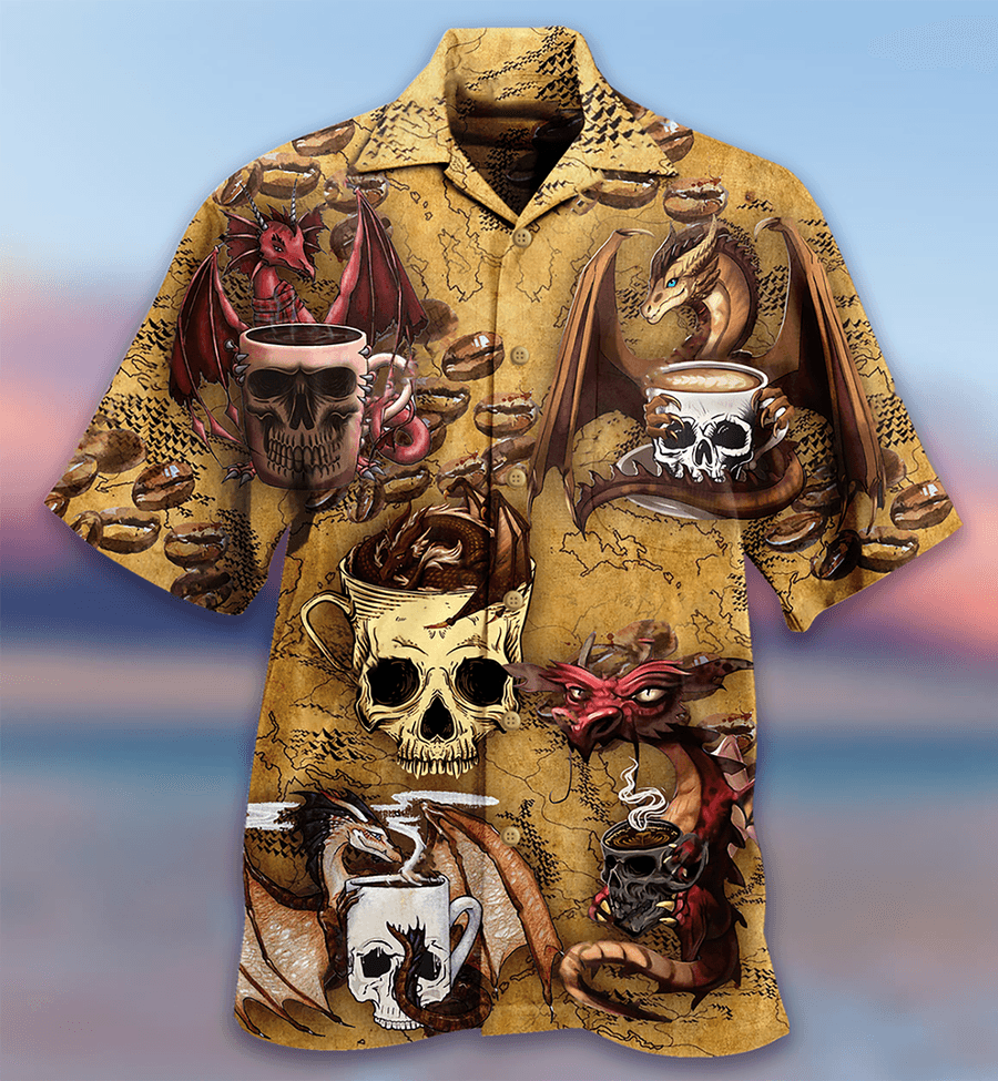 Dragon Vintage Aloha Hawaiian Shirt For Summer, Dragon Love Coffee And Skull Hawaiian Shirts Outfit For Men Women, Dragon Lovers - Amzanimalsgift
