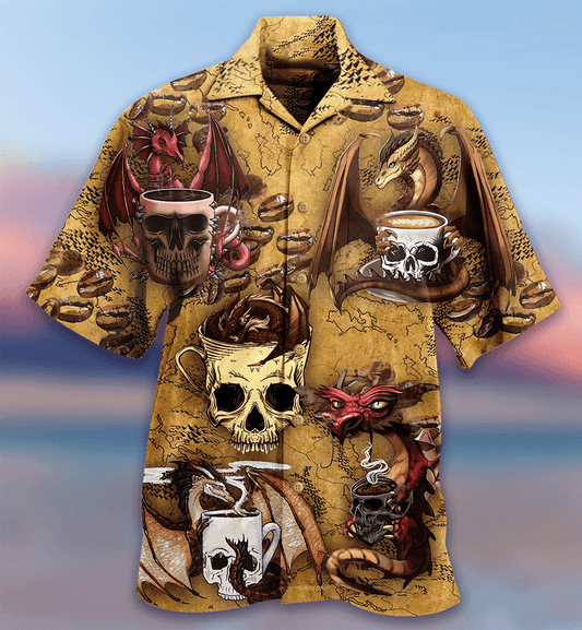 Dragon Vintage Aloha Hawaiian Shirt For Summer, Dragon Love Coffee And Skull Hawaiian Shirts Outfit For Men Women, Dragon Lovers - Amzanimalsgift