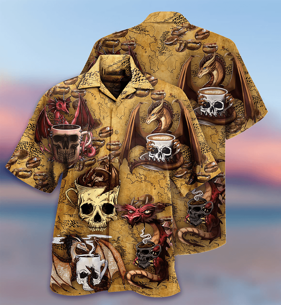 Dragon Vintage Aloha Hawaiian Shirt For Summer, Dragon Love Coffee And Skull Hawaiian Shirts Outfit For Men Women, Dragon Lovers - Amzanimalsgift