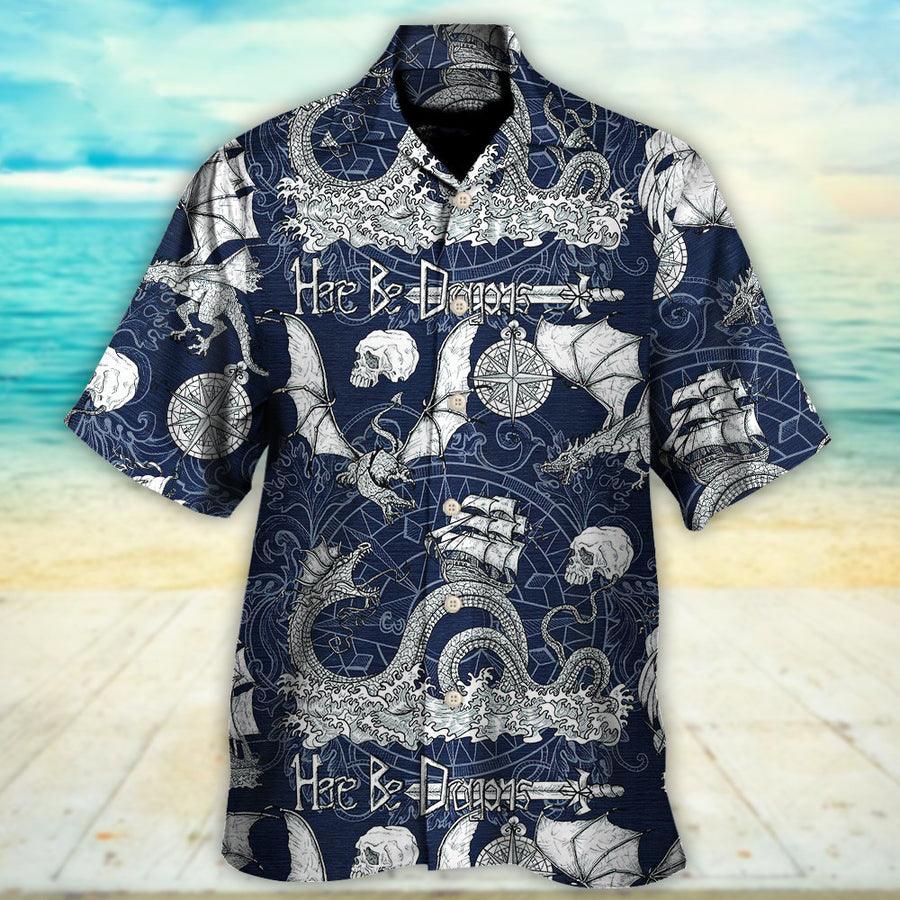 Dragon With Skull Old Ship Sea Life Aloha Hawaiian Shirt For Summer, Here Be Dragons Hawaiian Shirts Outfit For Men Women, Dragon Lovers - Amzanimalsgift
