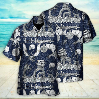 Dragon With Skull Old Ship Sea Life Aloha Hawaiian Shirt For Summer, Here Be Dragons Hawaiian Shirts Outfit For Men Women, Dragon Lovers - Amzanimalsgift