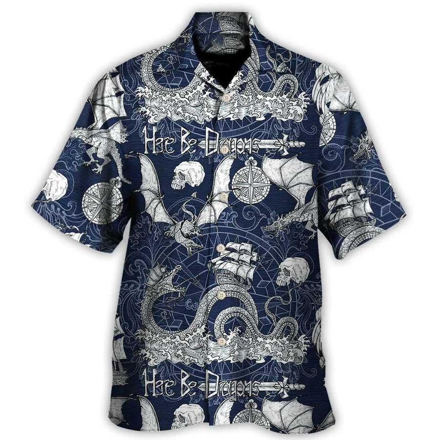 Dragon With Skull Old Ship Sea Life Aloha Hawaiian Shirt For Summer, Here Be Dragons Hawaiian Shirts Outfit For Men Women, Dragon Lovers - Amzanimalsgift