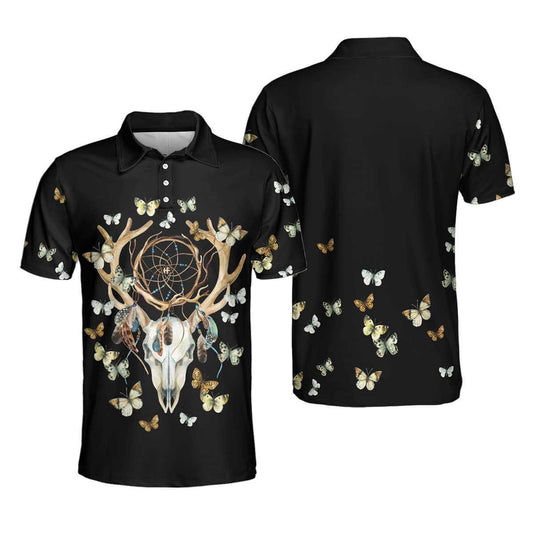 Dream Catcher Skull Deer Butterfly Short Sleeve Polo Shirt, Black Dreamcatcher Shirt For Men, Polo Shirt Gift For Men - Amzanimalsgift