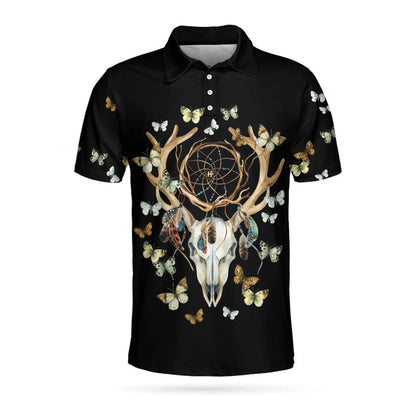 Dream Catcher Skull Deer Butterfly Short Sleeve Polo Shirt, Black Dreamcatcher Shirt For Men, Polo Shirt Gift For Men - Amzanimalsgift