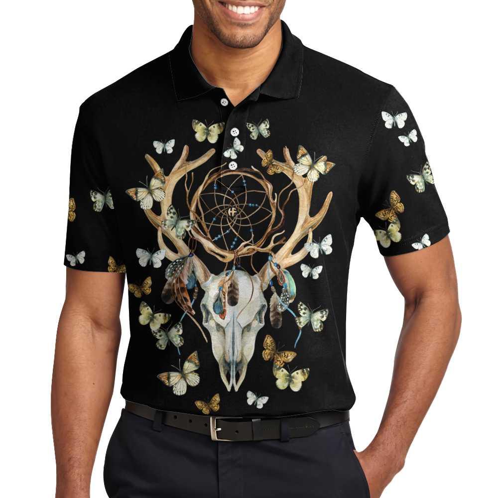 Dream Catcher Skull Deer Butterfly Short Sleeve Polo Shirt, Black Dreamcatcher Shirt For Men, Polo Shirt Gift For Men - Amzanimalsgift