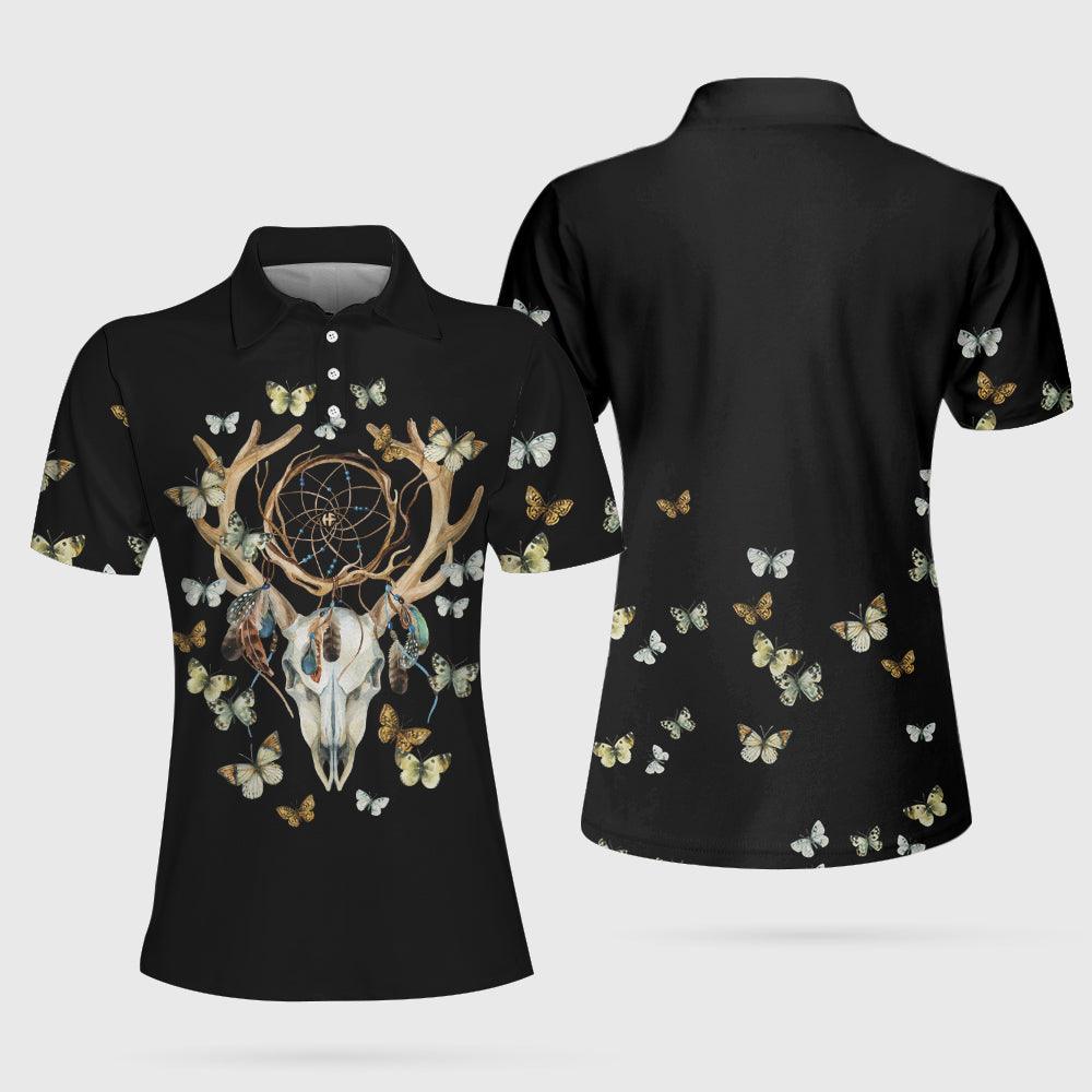 Dream Catcher Skull Deer Butterfly Short Sleeve Polo Shirt, Black Dreamcatcher Shirt For Men, Polo Shirt Gift For Men - Amzanimalsgift