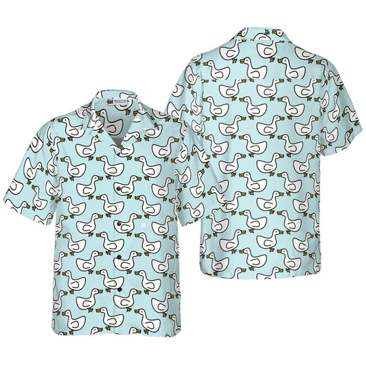 Duck Hawaiian Shirt, White Duck Cartoon In Blue Aloha Shirt For Men Women - Perfect Gift For Duck Lovers, Husband, Boyfriend, Friend, Family - Amzanimalsgift