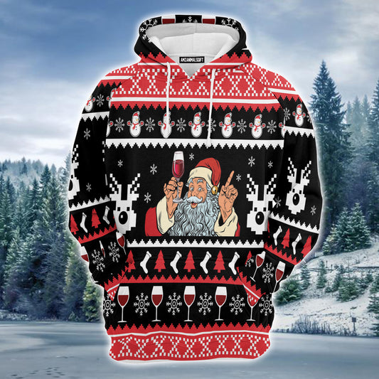 Santa Drinking Red Wine Premium Christmas Hoodie, Snowman Christmas Pattern Unisex Hoodie For Men & Women - Perfect Gift For Christmas, Friends