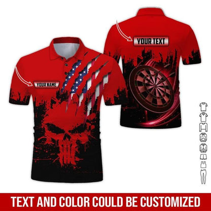 Customized Name & Text Darts Polo Shirt, Skull American Flag Personalized Name Darts Polo Shirt For Men - Perfect Gift For Darts Lovers, Darts Players