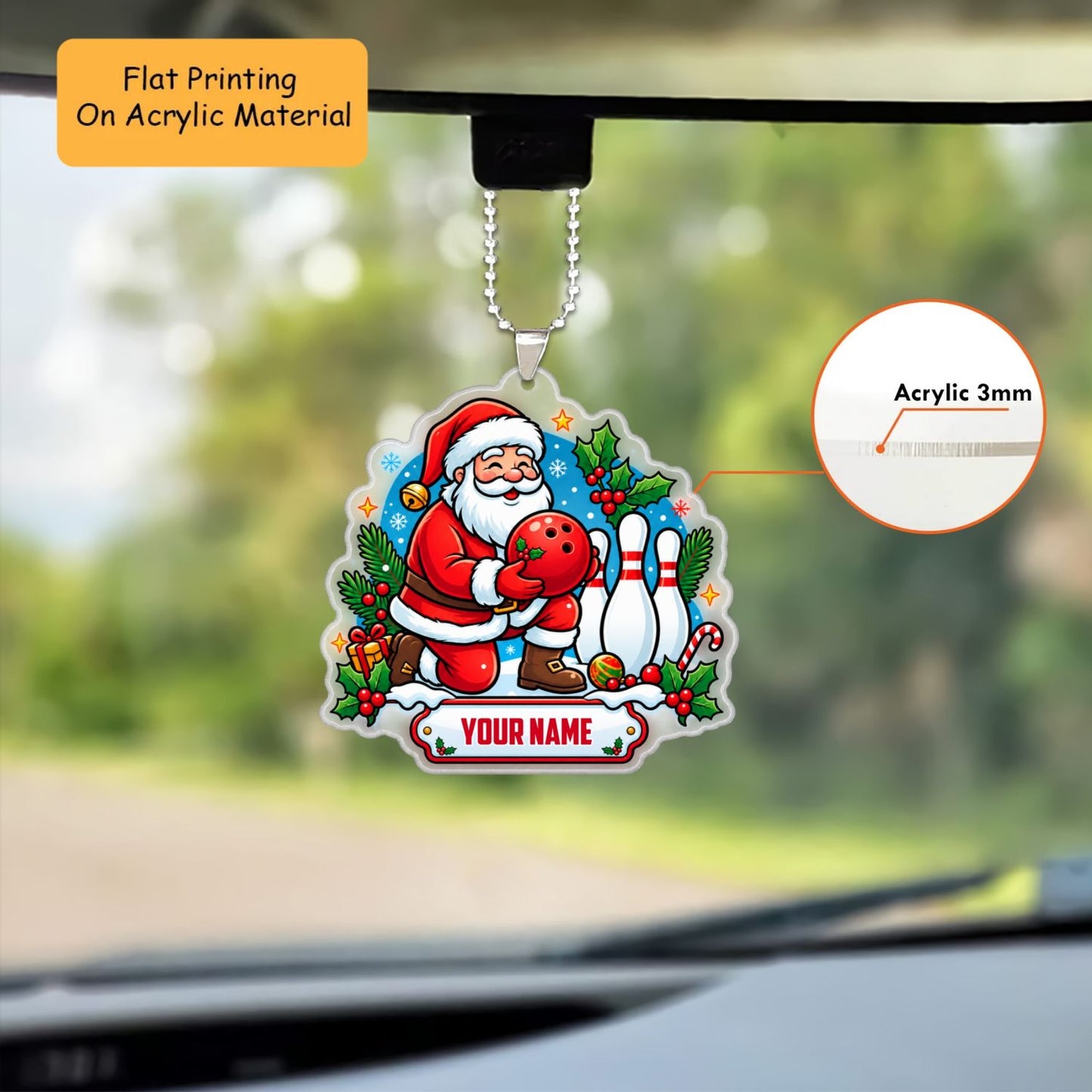 Personalized Bowling Christmas Ornament, Kneeling Santa Bowling Ball, Custom Ornament Christmas Gift, Keychain Bowling, Car Ornament Bowling