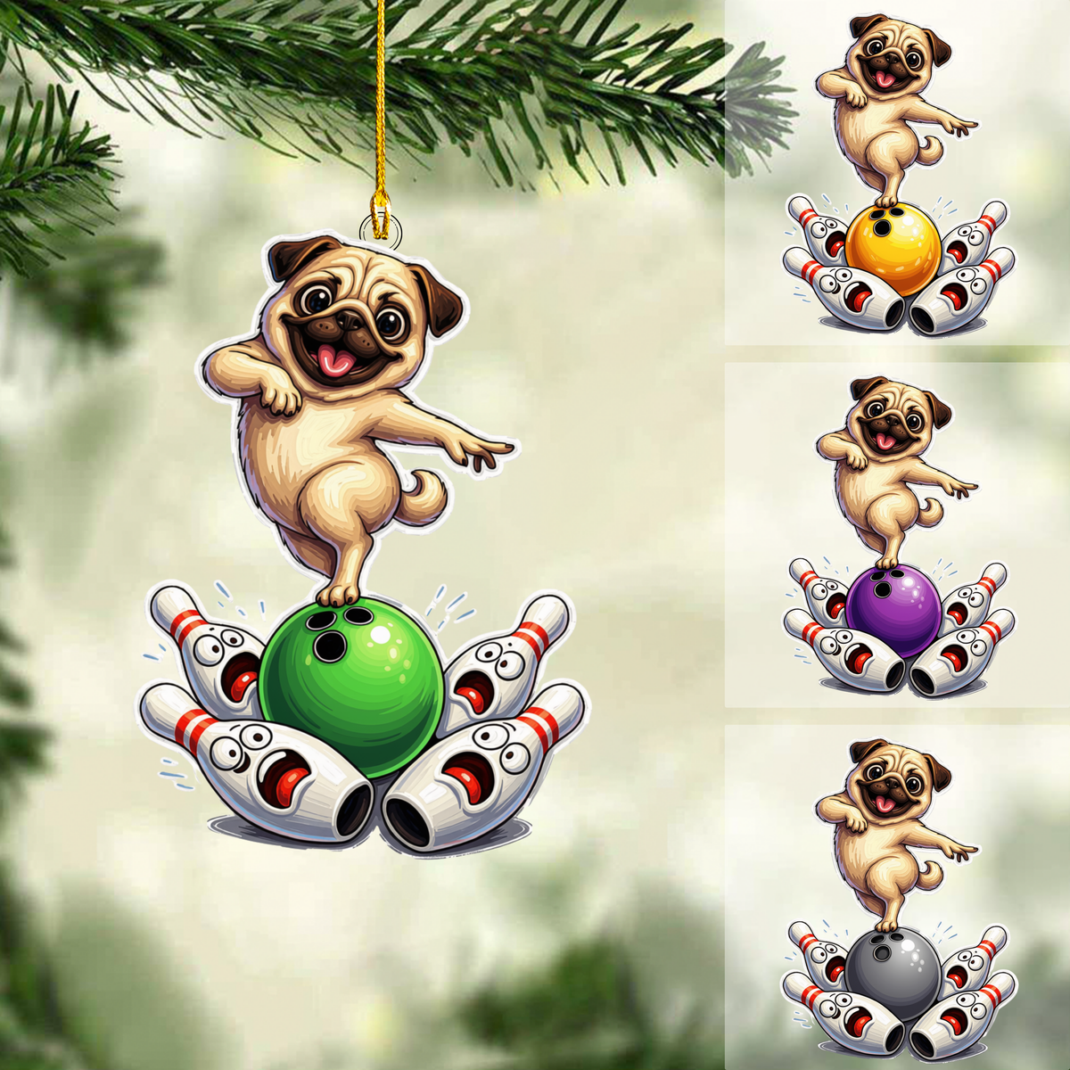 Personalized Bowling Christmas Ornament, Puppy Dancing On Bowling, Custom Ornament Christmas Gift, Keychain Bowling, Car Ornament Bowling