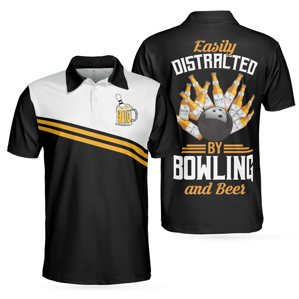 Easily Distracted By Bowling And Beer Polo Shirt, Tenpin Bowling Shirt Design With Sayings, Best Drinking Bowling Shirt, Polo Shirt Gift For Beer Lovers - Amzanimalsgift