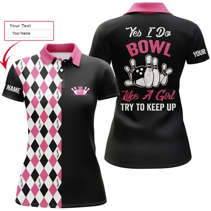 Bowling Custom Women Polo Shirt - Black Pink Pattern Custom Name Polo Shirt, Personalized Bowling Polo Shirt For Female - Gift For Friend, Family, Bowling Lovers