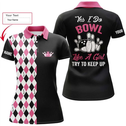 Bowling Custom Women Polo Shirt - Black Pink Pattern Custom Name Polo Shirt, Personalized Bowling Polo Shirt For Female - Gift For Friend, Family, Bowling Lovers