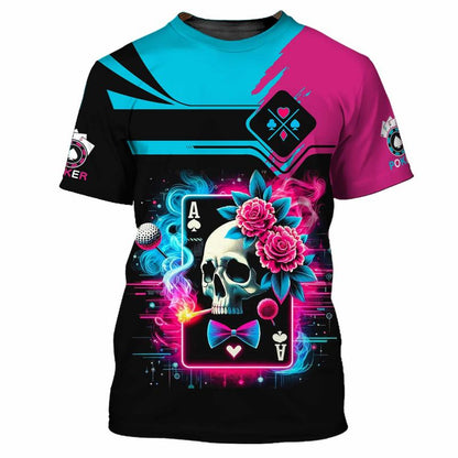 Customized Poker Shirt, Neon Skull Ace Card With Roses & Bright Pink-Blue Shirts, Perfect Outfit For Poker Players