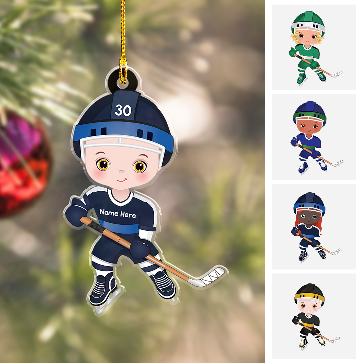 Personalized Boy Girl Ice Hockey Player Flat Acrylic Ornament, Ornament Gifts For Son, Grandson, Daughter, Granddaughter