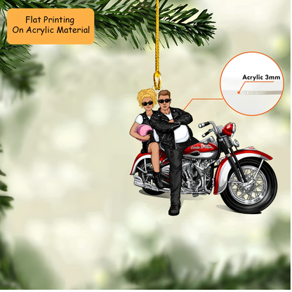 Personalized Biker Couple Christmas Ornament, Badass Riders On Red Cruiser, Custom Ornament Christmas Gift, Keychain Biker, Car Ornament Biker