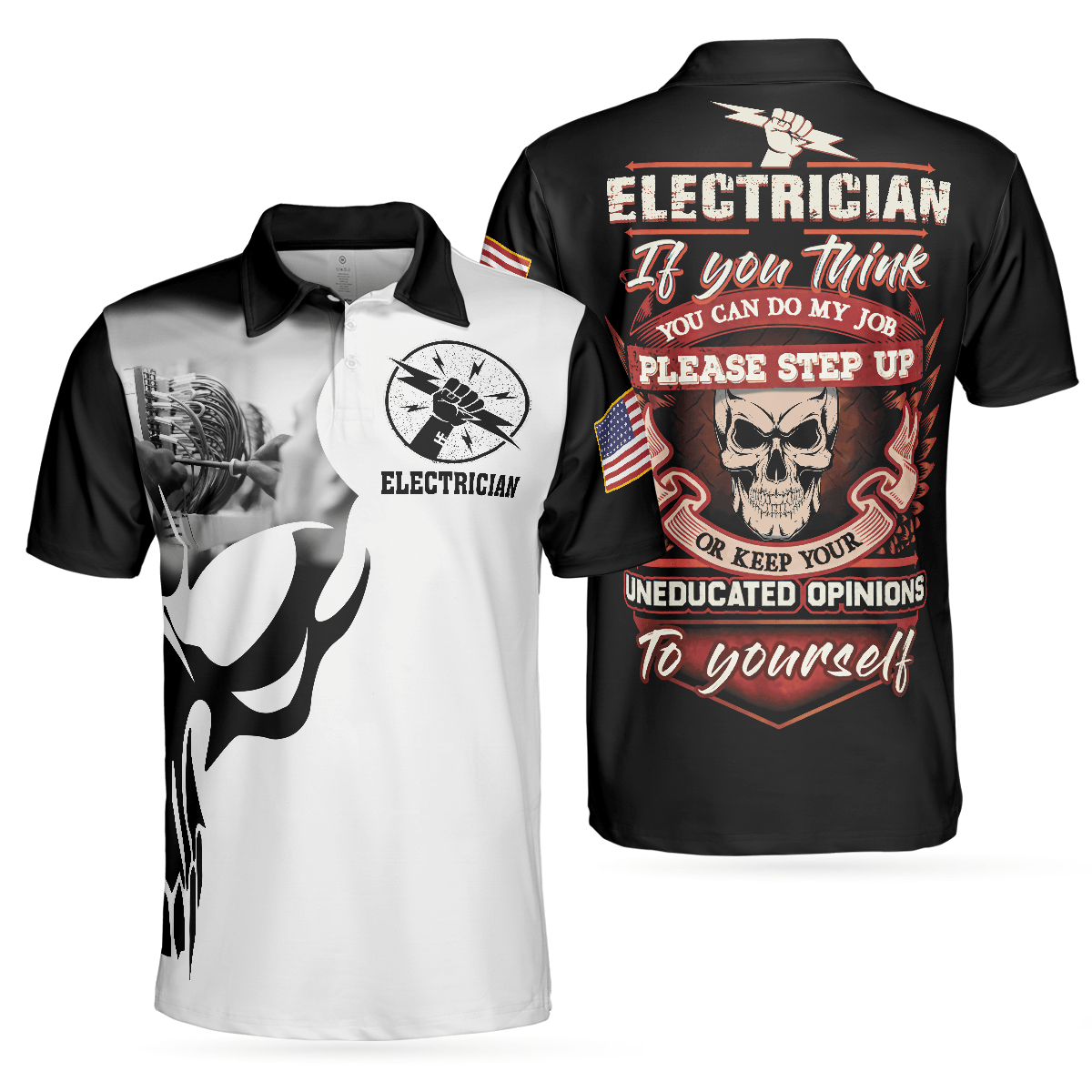 Electrician Proud Skull Black And White Men Polo Shirt, If You Think You Can Do My Job Electrician Shirt For Men, Gift For Electrician - Amzanimalsgift