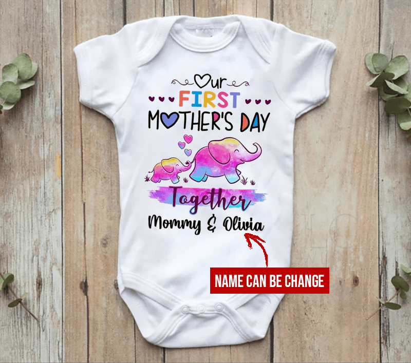 Elephant Baby Onesies, Baby Onesie Our First Mother'S Day Colorful Elephant & Heart Printed Personalized Onesies, Newborn Onesies - Perfect Gift For Baby, Baby Gift Onesie - Amzanimalsgift