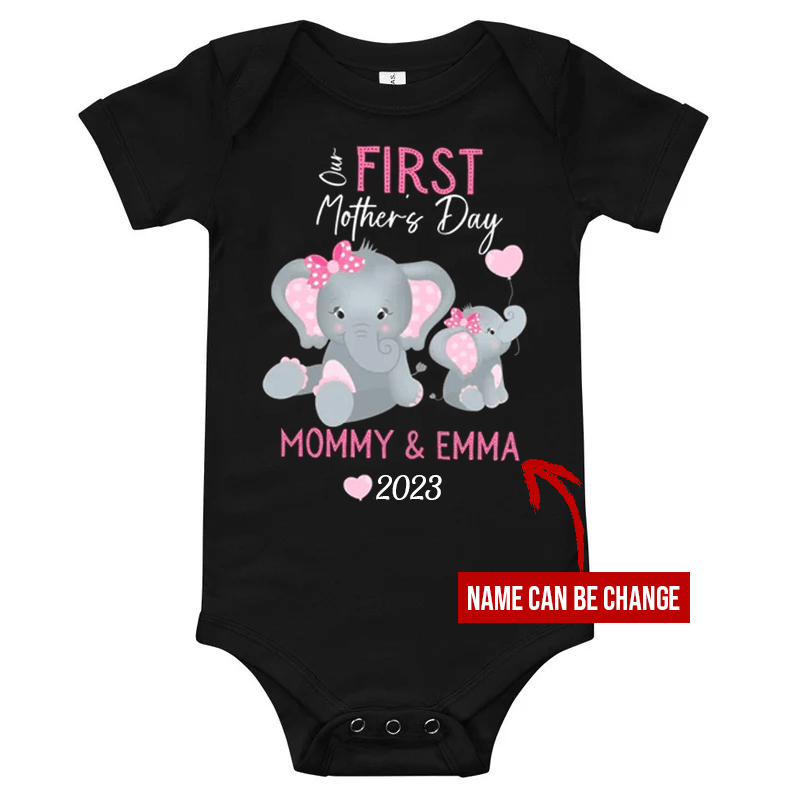 Elephant Baby Onesies, Baby Onesie Our First Mother'S Day Cute Elephant Printed Custom Name Personalized Onesies, Newborn Onesies - Perfect Gift For Baby, Baby Gift Onesie - Amzanimalsgift