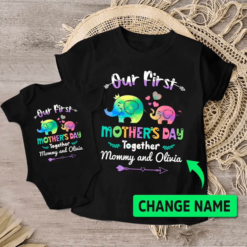 Elephant Baby Onesies, Personalized Matching T-Shirt & Baby Onesie Our First Mother'S Day Custom Name, Newborn Onesies - Perfect Gift For Baby, Baby Gift Onesie - Amzanimalsgift