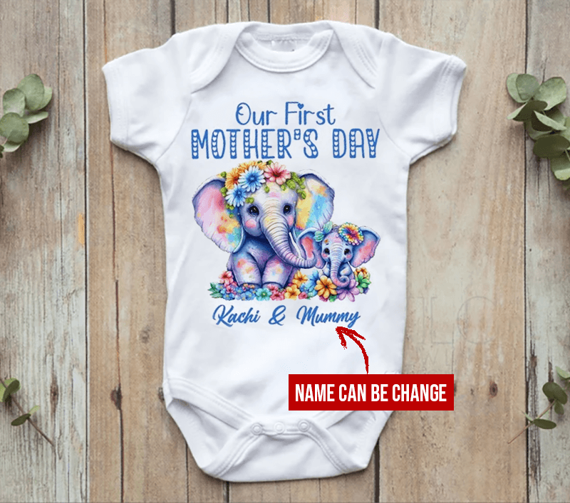 Elephant Baby Onesies, Personalized Our First Mother's Day Matching Tee Gift for Mom and Baby Newborn Onesies - Perfect Gift For Baby, Baby Gift Onesie - Amzanimalsgift