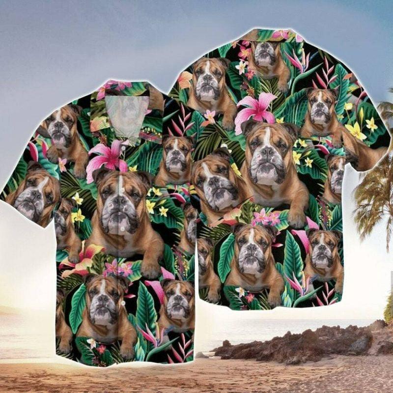 English Bulldog Aloha Hawaiian Shirt - English Bulldog Flower Pattern Hawaiian Shirt, Tropical Leaf Hawaiian Shirt For Men & Women, Dog Lover - Amzanimalsgift