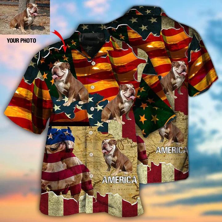 English Bulldog Custom Aloha Hawaii Shirt - Custom Photo America Sunset Personalized Hawaiian Shirt For Summer - Perfect Gift For Dog Lovers, Friend, Family - Amzanimalsgift