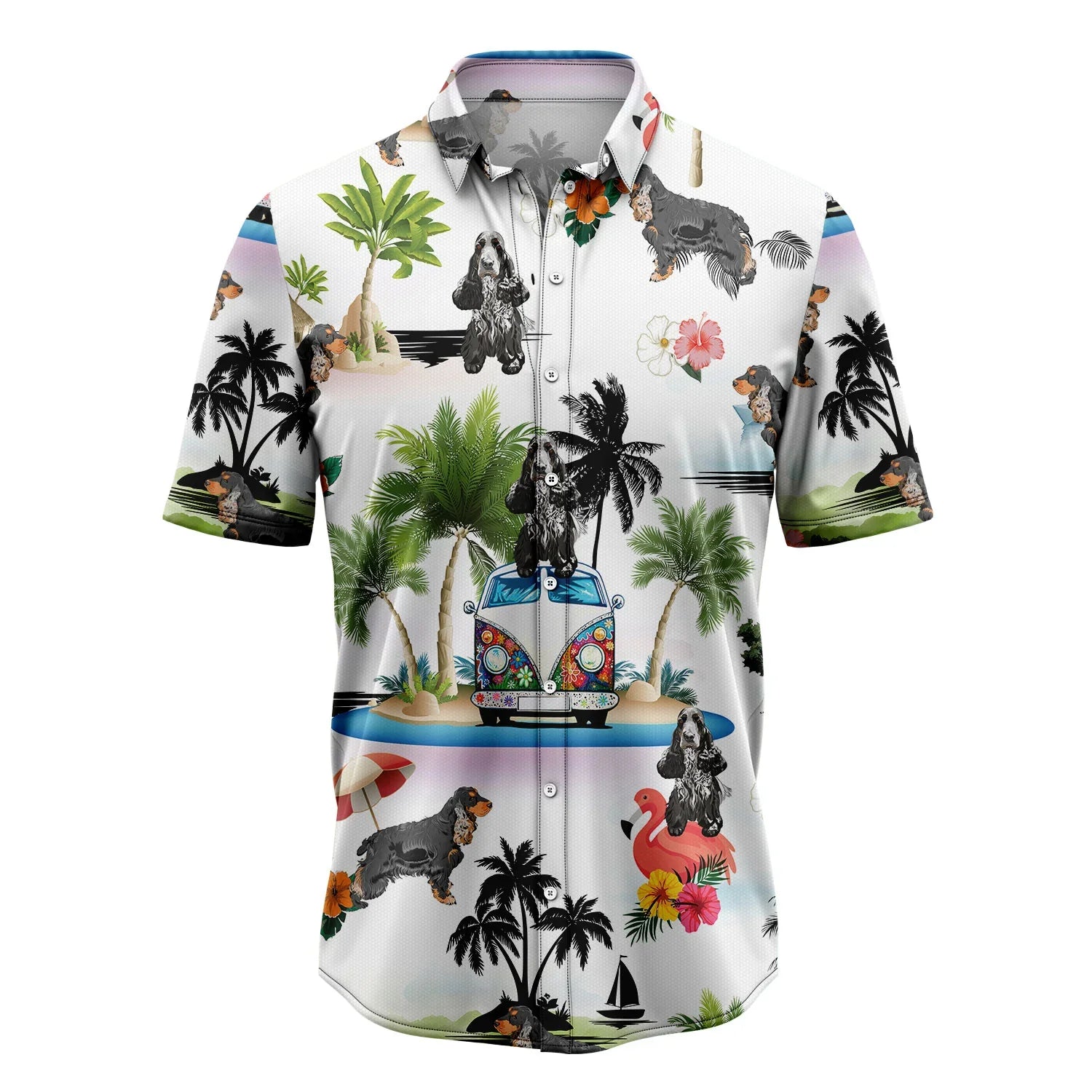 English Cocker Spaniel Hawaiian Shirt, Dog Hippie Car Palm Vacation Aloha Shirt For Men Women - Perfect Gift For Dog Lovers, Friends, Family - Amzanimalsgift