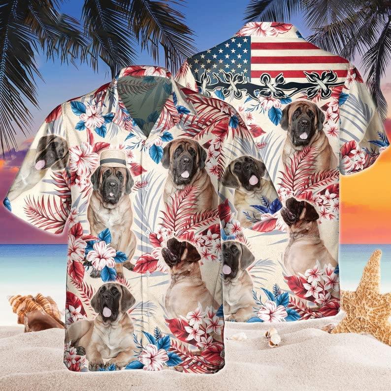 English Mastiff Aloha Hawaiian Shirts For Summer, Dog Tropical Independence Day USA Flag Hawaiian Shirt For Men Women, 4th of July Gift For Dog Lovers - Amzanimalsgift