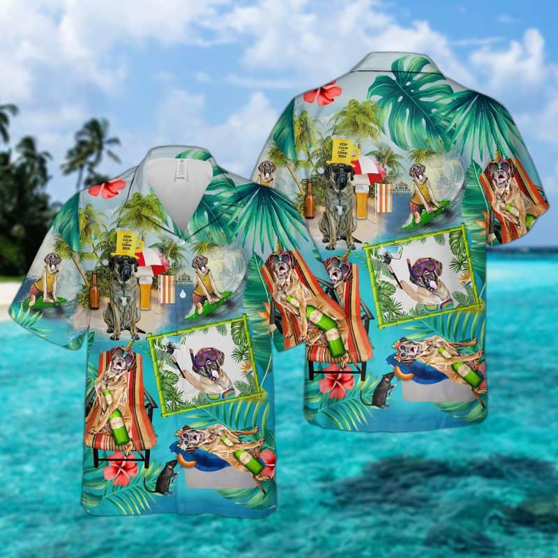 English Mastiff Hawaiian Shirt, Dog Surfing, Tropical Summer Aloha Shirt For Men - Perfect Gift For English Mastiff Lovers, Friend, Family - Amzanimalsgift