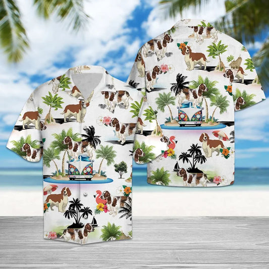 English Springer Spaniel Hawaiian Shirt, Dog Hippie Palm Vacation Aloha Shirt For Men Women - Perfect Gift For Dog Lovers, Husband, Boyfriend, Wife - Amzanimalsgift