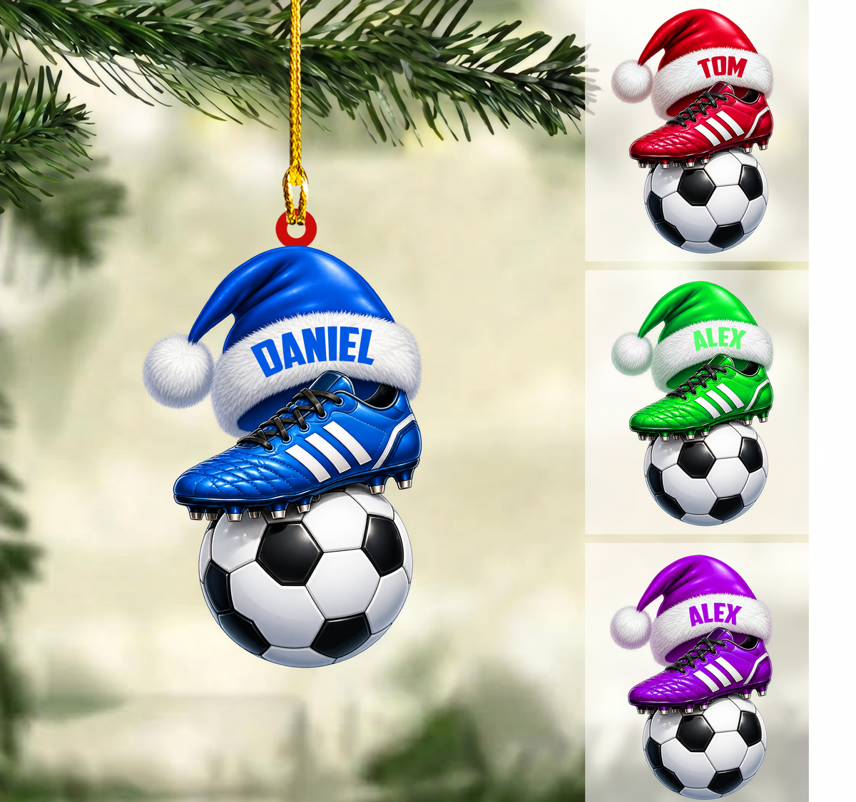Personalized Soccer Christmas Ornament, Cleat On Ball With Custom Santa Hat, Custom Ornament Christmas Gift, Keychain Soccer, Car Ornament Soccer