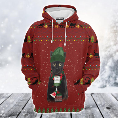 Black Cat Premium Christmas Hoodie, Cat Drink Coffee Unisex Hoodie For Men & Women - Perfect Gift For Christmas, Black Cat Lovers, Coffee Lovers