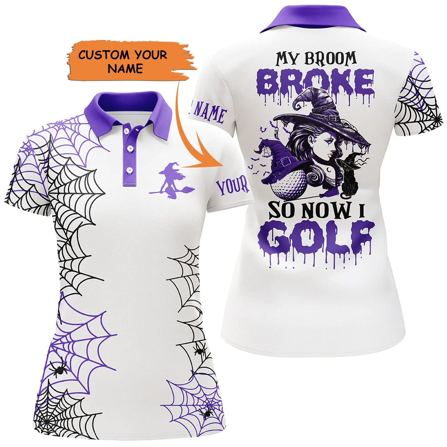 Golf Custom Name Women Polo Shirt, Purple Witch Golf Black Cat Halloween Personalized Women Polo Shirt - Perfect Gift For Ladies, Golf Lovers, Golfers