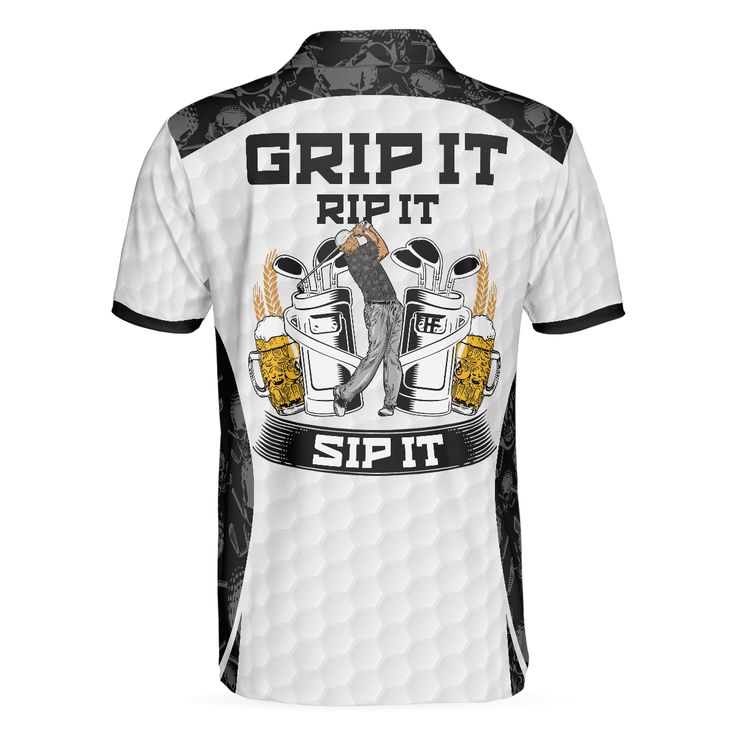 Men Golf Polo Shirt - Golf Ball Pattern Skull, Grip It Rip It Sip It Golf White Shirt For Christmas Men Polo Shirt - Perfect Polo Shirt For Men, Golfers