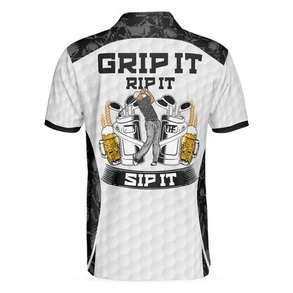 Men Golf Polo Shirt - Golf Ball Pattern Skull, Grip It Rip It Sip It Golf White Shirt For Christmas Men Polo Shirt - Perfect Polo Shirt For Men, Golfers