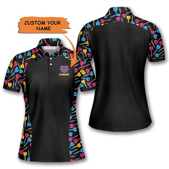 Customized Darts Polo Shirt, Darts Arrow Pattern In Black, Personalized Name Polo Shirt For Women - Perfect Gift For Darts Lovers, Darts Players