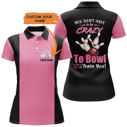 Bowling Customized Women Polo Shirt - Crazy Bowling Girl Polo Shirt, Personalized Black Pink Pattern Shirt - Gift For Lady, Bowlers, Bowling Lovers