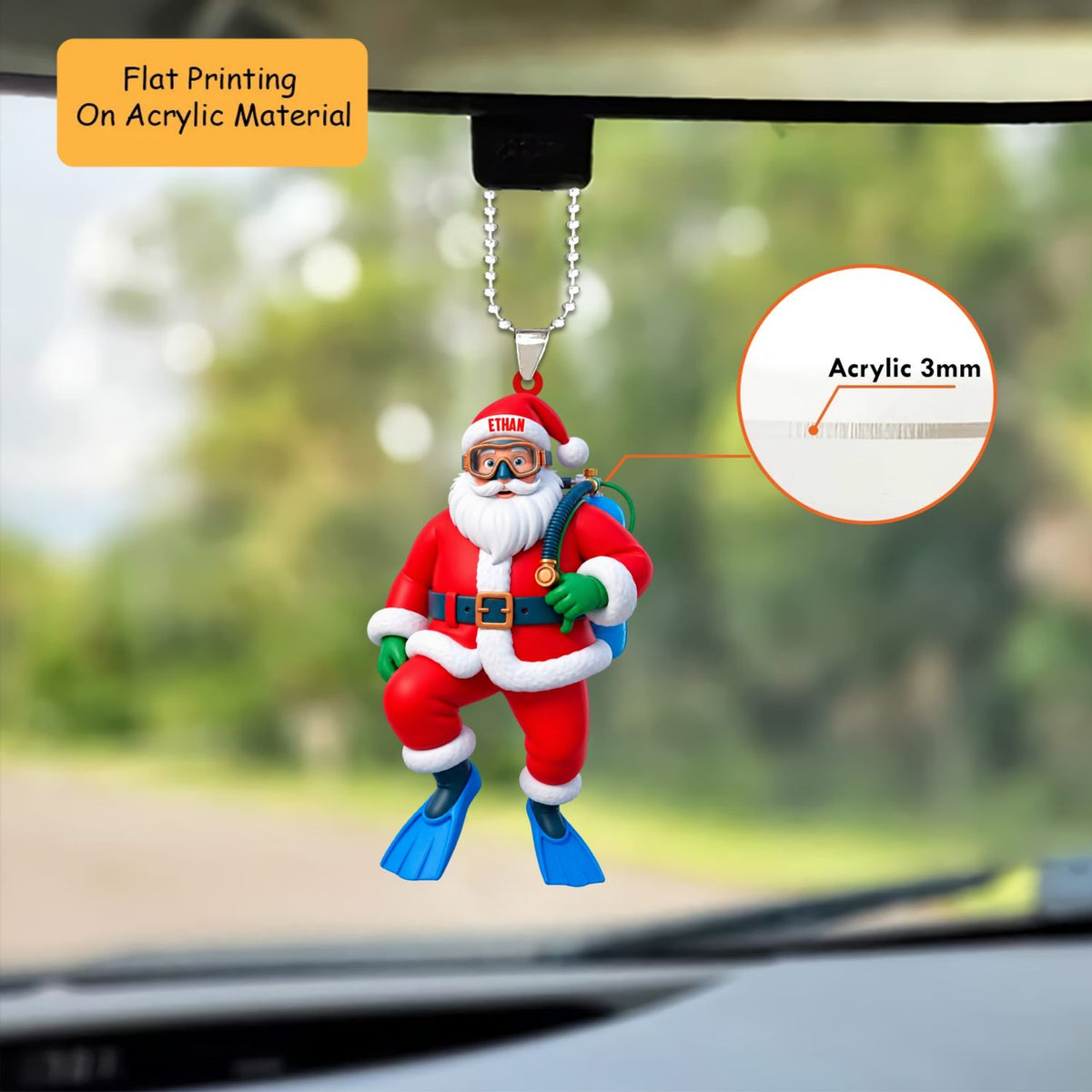 Personalized Scuba Diver Christmas Ornament, Santa Claus Wearing Diving Mask And Flippers, Custom Ornament Christmas Gift, Keychain Diving, Car Ornament Diving