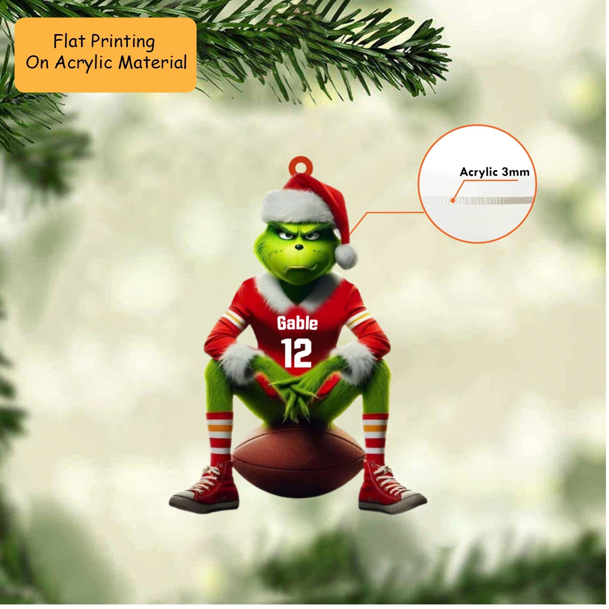 Personalized American Football Christmas Ornament, Green Monster Scowl Face Christmas, Custom Ornament Christmas Gift, Keychain American Football, Car Ornament American Football