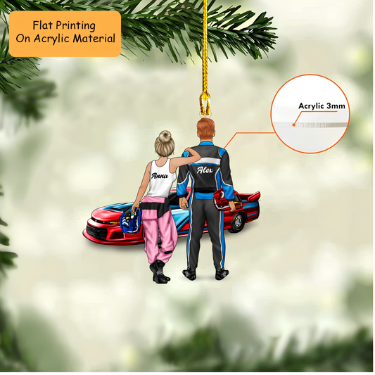 Personalized Auto Racing Christmas Ornament, Back View Couple Holding Helmets By Race Car, Custom Ornament Christmas Gift, Keychain Auto Racing, Car Ornament Auto Racing