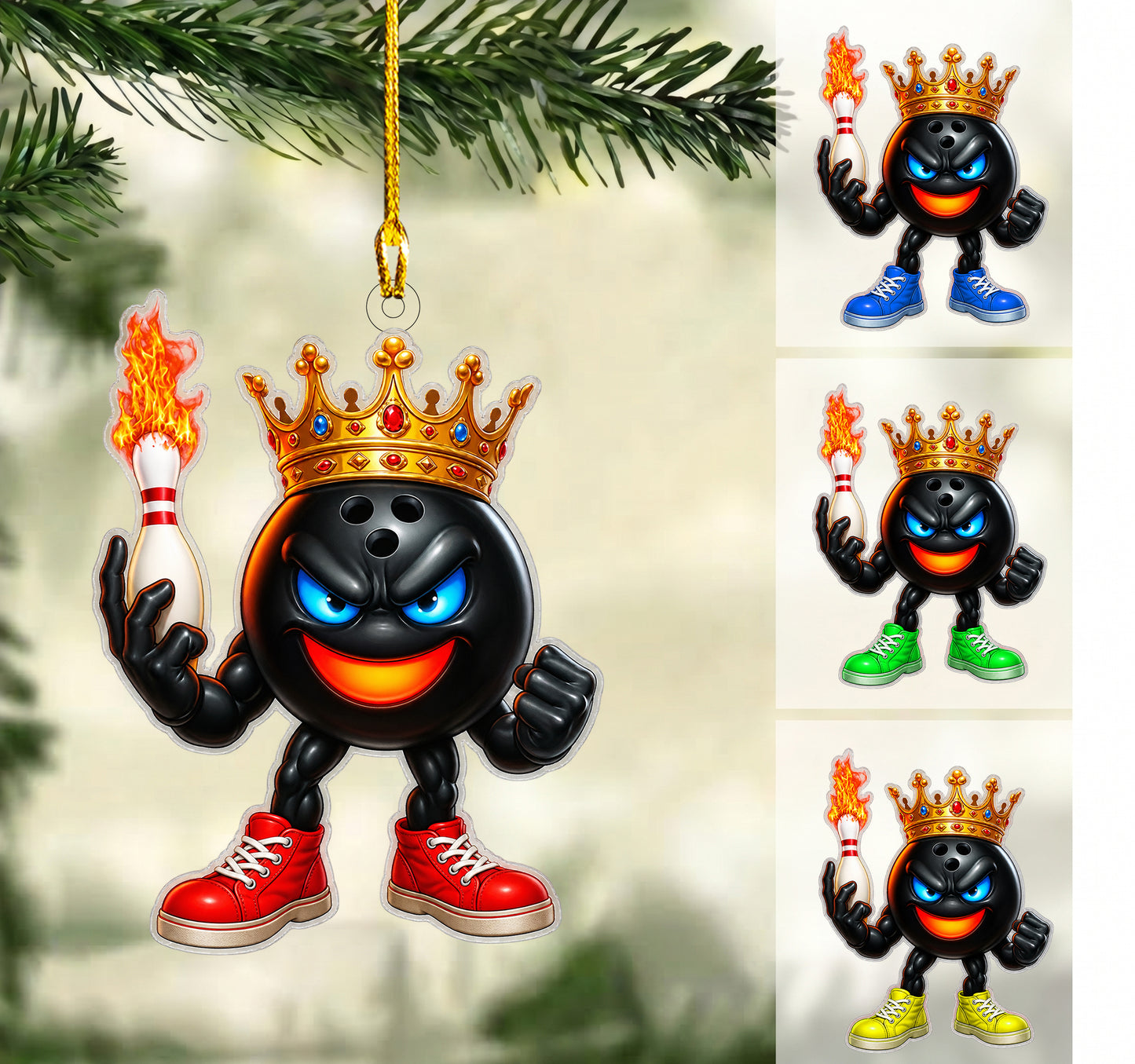 Personalized Bowling King Christmas Ornament, Badass Crowned Ball Flaming Pin, Custom Ornament Christmas Gift, Keychain Bowling, Car Ornament Bowling
