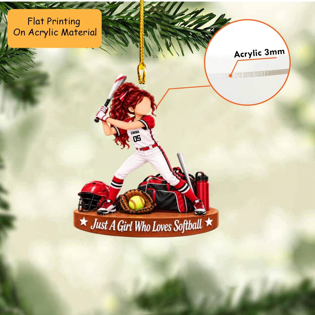 Personalized Softball Christmas Ornament, Just A Girl Who Loves Softball Swing Setup, Custom Ornament Christmas Gift, Keychain Softball, Car Ornament Softball