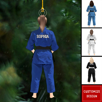 Personalized Karate Jiu Jitsu Judo Girl Female Woman Back View Flat Acrylic Ornament, Ornament Gifts For Daughter, Family