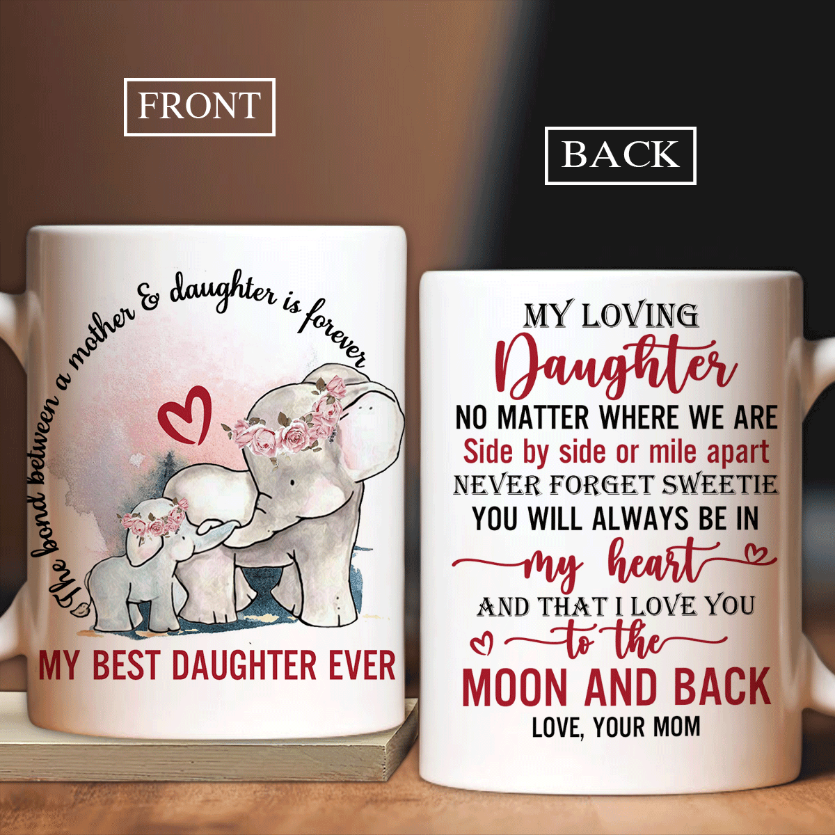 Family AOP Mug, Daughter And Mom Mug - Gifts For Daughter From Mom - Mom To Daughter, Elephant Painting, I Love You To The Moon And Back Mug - Amzanimalsgift