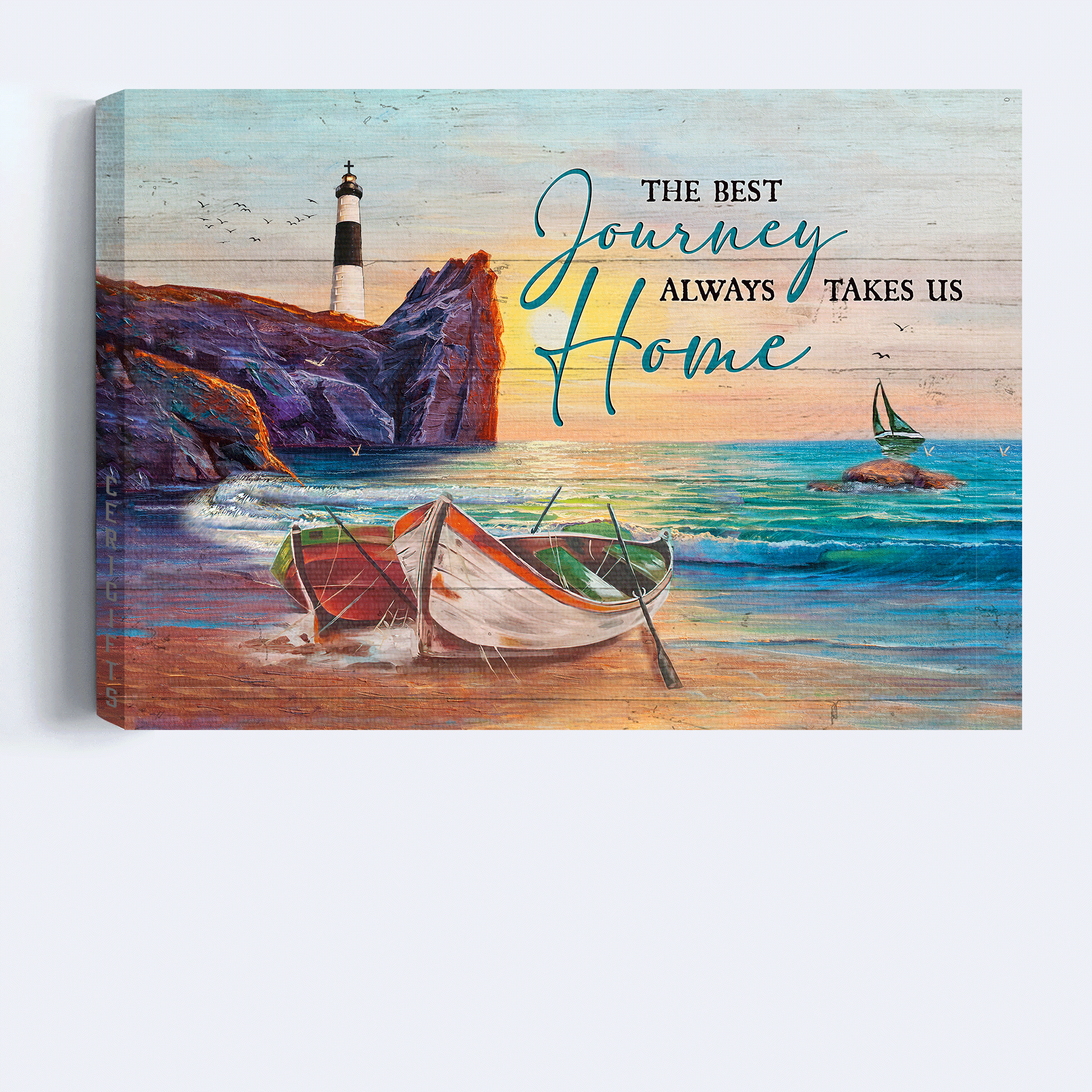 Family Landscape Canvas - Beautiful rock mountain, Pretty sunset, Boat Landscape Canvas - Gift For Family member - The best journey always take us home - Amzanimalsgift