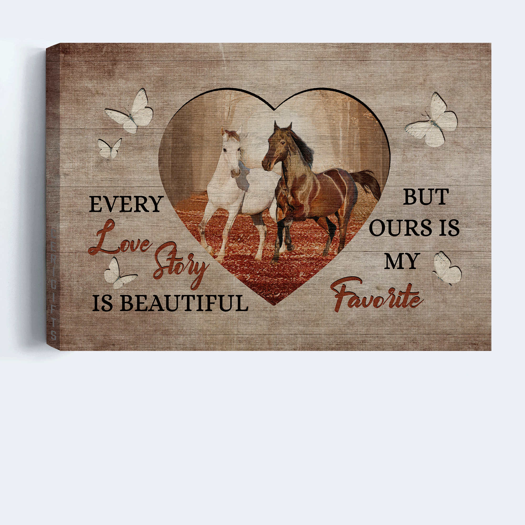 Family Landscape Canvas - Horse drawing, Autumn forest, Heart shape canvas - Every love story is beautiful Landscape Canvas - Gift for members family - Amzanimalsgift