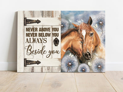 Family Premium Wrapped Landscape Canvas - Beautiful horse drawing, Dandelion Field, Couple Horse, Always Beside You - Gift For Members Family, Couple - Amzanimalsgift