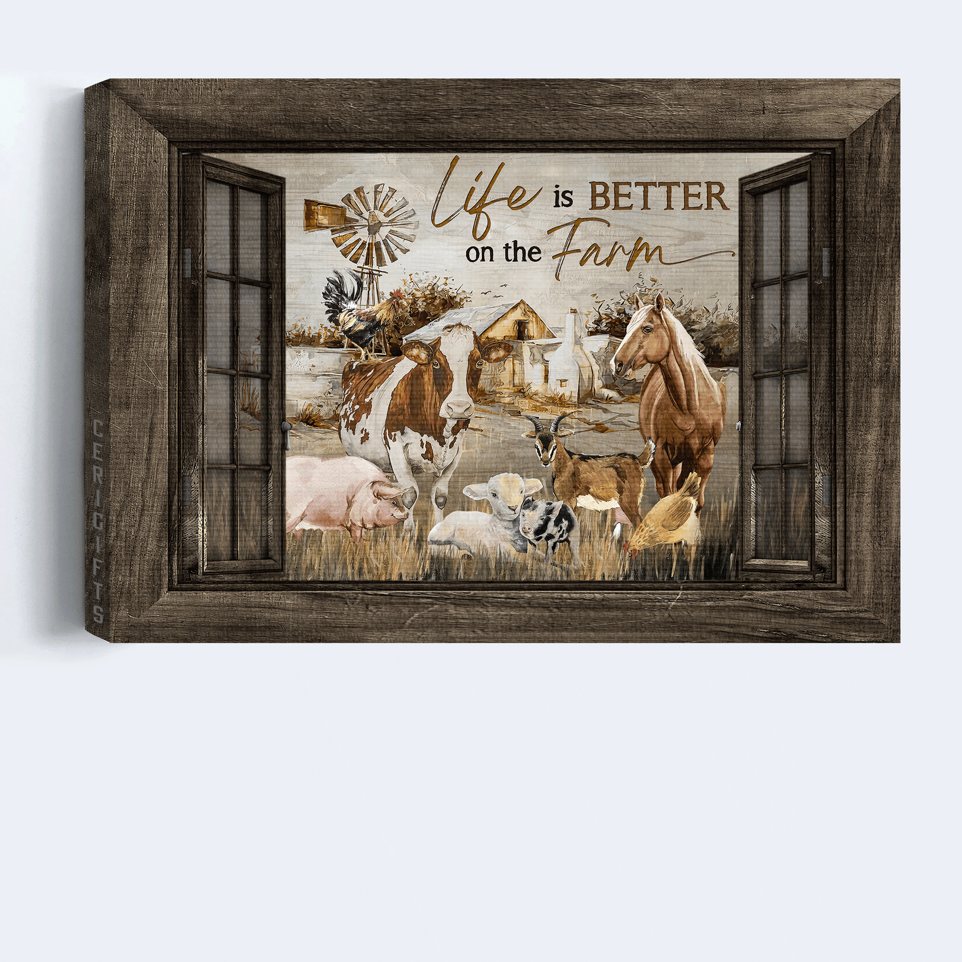 Family Premium Wrapped Landscape Canvas - Farm Animal, Dairy Cow, Brown Horse, Rooster Chicken, Life Is Better On The Farm - Gift For Members Family - Amzanimalsgift